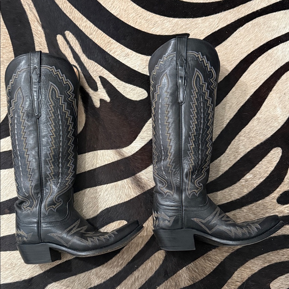Lucchese Black Leather Tall Western Boots with Contrast Stitching